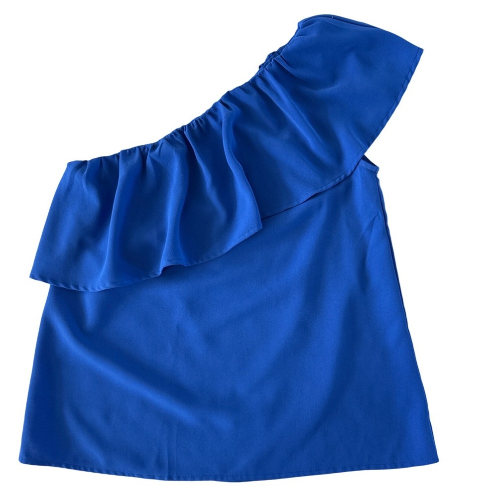 Judith March One Shoulder Blouse Womens Small Blue Excellent Ruffle Asymmetric